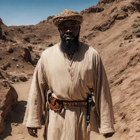 African man with knot beard in the desert HD, Hyper realistic, (((ultra realistic))), photo realistic, in jedioutfit, RAW photo, 8k uhd, dslr, soft lighting, high quality, film grain, Fujifilm XT3,8k HD high definition detailed realistic, hyper detailed, (((highly detailed face))), (((highly detailed hands))), <lora:jedioutfit:1>