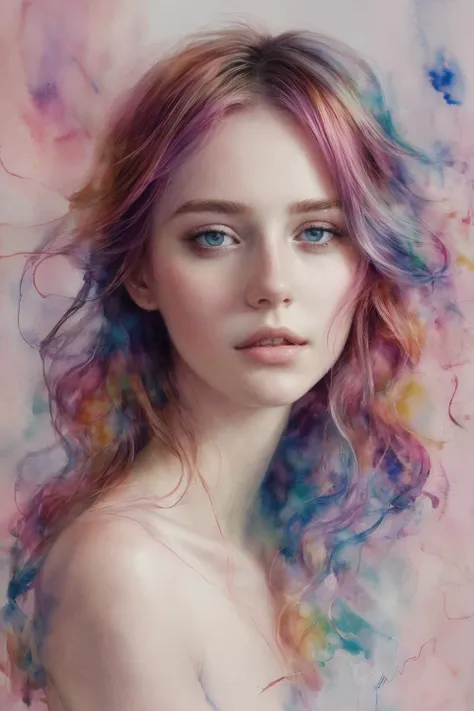 (8k, best quality, masterpiece:1.2),(best quality:1.0), (ultra highres:1.0), watercolor, a beautiful woman, shoulder, hair ribbons, by agnes cecile, half body portrait, extremely luminous bright design, pastel colors, (ink:1.3), autumn lights