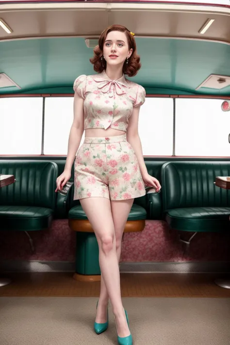 High resolution photo of woman, floral top, pedal pushers, 1950s diner, oldsmobile, 1950s aesthestic, film grain, aged photo, rachelbrosnahan <lora:rachelbrosnahan:1>