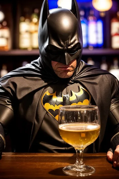 Photo of a sad batman in a crowded bottles bar, drunk adult, batman suit, leather mask, closed eyes, fat, glass of wine,
close-up, detailed, intricate, best shadow, blurry, poor quality photo