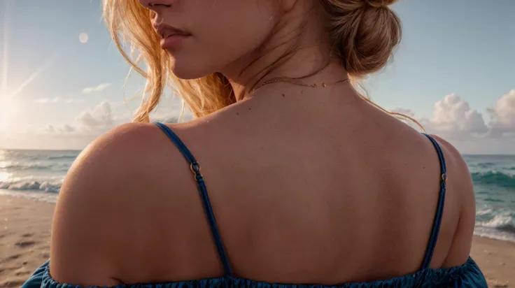 <lora:PeachFuzz:0.85> masterpiece RAW (extreme close up:1.1), focus on shoulder, woman wearing a gown with straps, (backlit, edgelight, rimlight:1.1), strong sun, bun hairstyle, golden hour, lensflare, outdoor at the beach, DOF blurred dark blue ocean background
