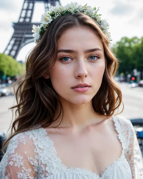 RAW, analog, Nikon Z 85mm, award winning glamour photograph,((best quality)), ((masterpiece)), ((realistic)), 18th century, vintage image, gorgeous French woman wearing, lace dress and corset, wearing a crown, 25 year old, (long brown hair), hazel eyes, small perky breasts, sitting outside at a Paris caf, eiffel tower in background, petite, ((small breasts)), innocent, flower pedals in the air, (freckles:0.6), intricate details, highly detailed, sharp focus, professional, 4k, spring flowers blooming, god rays, hand model, stunning blue eyes, petite, delicate, innocent,highres, detailed facial features, high detail, sharp focus, smooth, aesthetic, extremely detailed, photo_\(ultra\), photorealistic, realistic, post-processing, max detail, roughness, real life, ultra realistic, photorealism, photography, 8k uhd, photography, SEMI-SILHOUETTE light, russian face