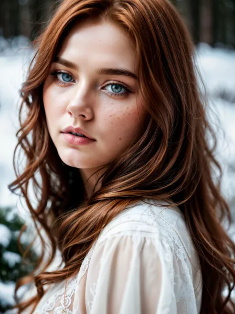 close up of a european woman, ginger hair, winter forest, natural skin texture, 24mm, 4k textures, soft cinematic light, RAW photo, photorealism, photorealistic, intricate, elegant, highly detailed, sharp focus, ((((cinematic look)))), soothing tones, insane details, intricate details, hyperdetailed, low contrast, soft cinematic light, dim colors, exposure blend, hdr, faded