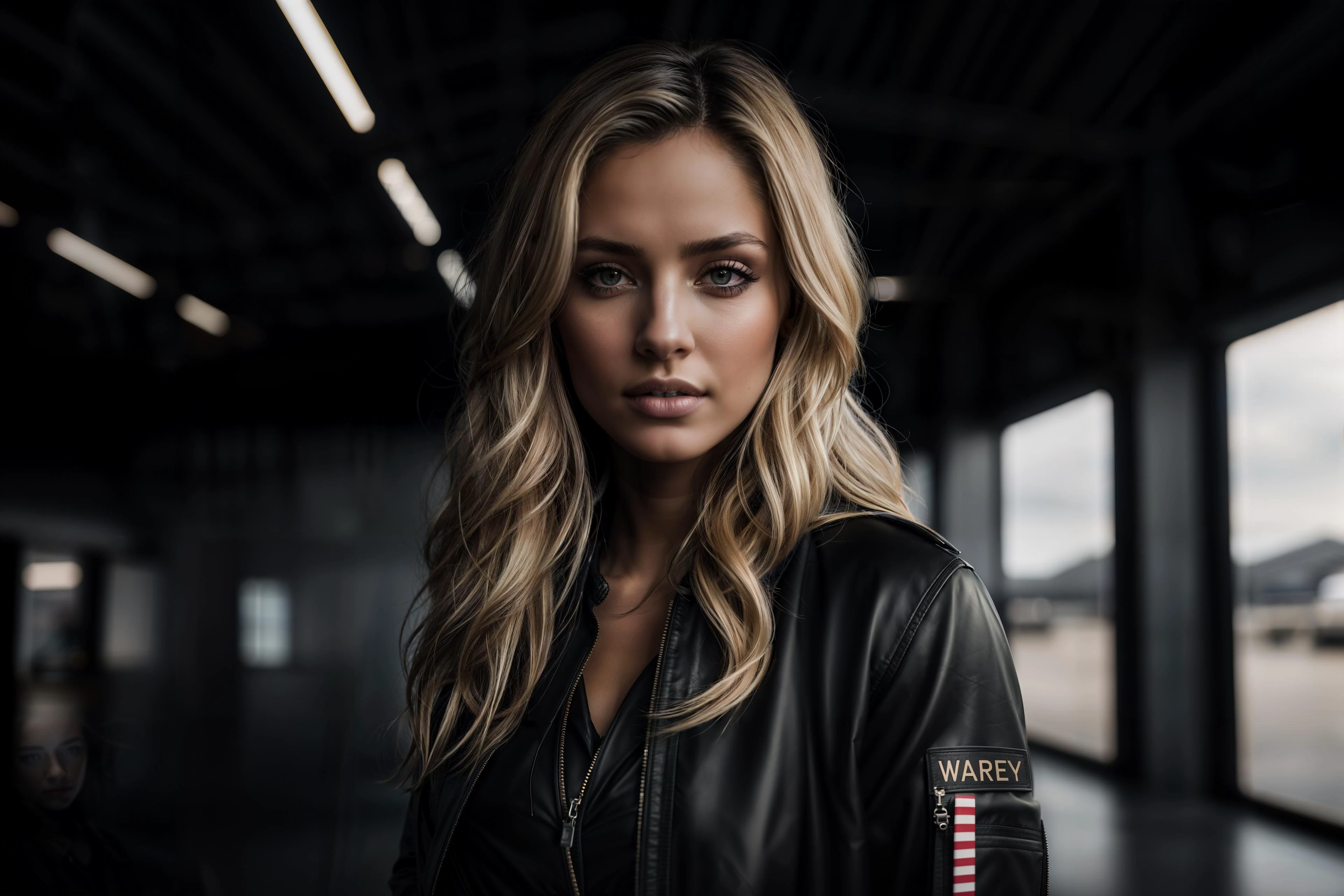 photorealistic full body portrait of stunning, sly female pilot in a hangar, old leather uniform, bomber jacket, (8k, RAW photo, best quality, masterpiece:1. 2), (realistic, photo-realistic:1. 37) ultra-detailed, beautiful detailed eyes, beautiful detailed lips, a captivating gaze, and an alluring expression. beautiful dynamic dramatic dark moody lighting, shadows, cinematic atmosphere, photograph, focal length, ((waist long, messy, wild, blonde, hair)),