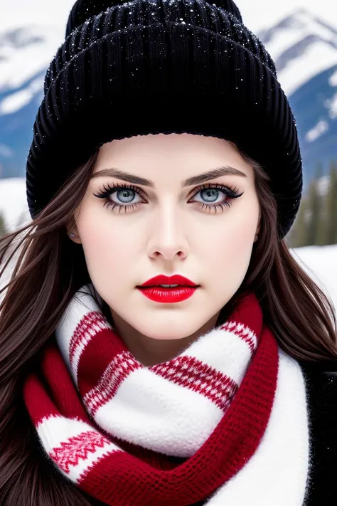 alexdad, ((detailed eyes, detailed face, masterpiece, best quality, high resolution):1.2),,((red lipstick, blush, eyeliner, eye shadow)), , a photo of a woman, outdoors, skating rink, snow, mountains, warm hat, scarf, sweater, skirt, thighhighs, slight smile, (cowboy shot, waist, hips, thighs)