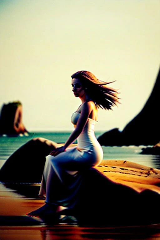 A seagull maiden in a long flowing dress long_wide_sleevers sits on a rock near a cliff and looks into the distance. Her hair is blowing in the wind, barefoot, (close_view), ((ink style))
