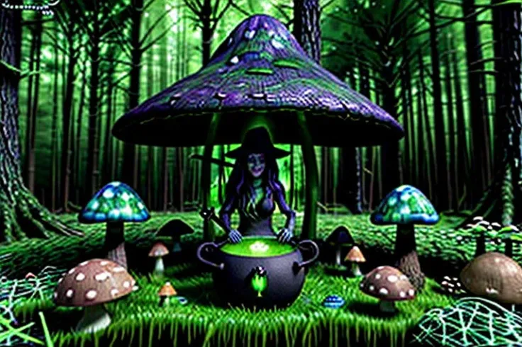 beautiful witch in a mythical forest overlooking her cauldron, fantasy art, mushroom house, green glowing cauldron
