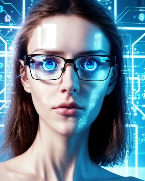 [curious expression], [bright eyes focused on data], [laboratory setting with digital screens],  sensual messy hair, soft expressive eyes, smooth skin with a slight glow under artificial light, sleek smart-casual attire with futuristic glasses, surrounded by floating holographic data and 3D molecular models, warm light reflecting off screens. Close-up, face focus.
