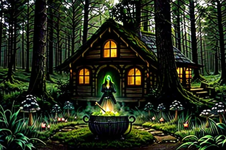 beautiful witch in a mythical forest overlooking her cauldron, fantasy art, mushroom house, green glowing cauldron