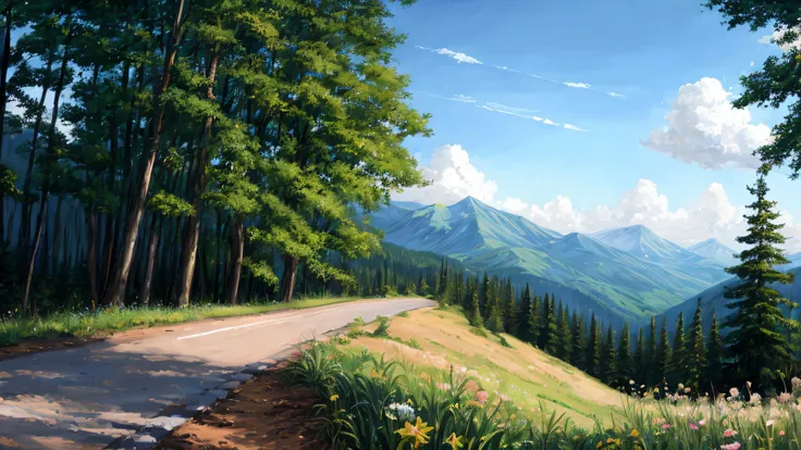 masterpiece, 64K, 8K, hyperresolution, geometric horizon view BREAK road in the [forest|mountains|forest rain]
