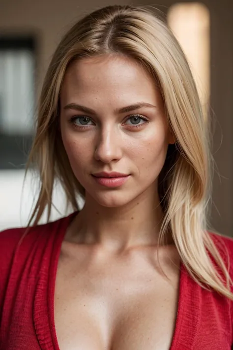 RAW photo, portrait of a beautiful blonde woman wearing a red shirt (high detailed skin:1.2), 8k uhd, dslr, soft lighting, high quality, film grain, Fujifilm XT3
