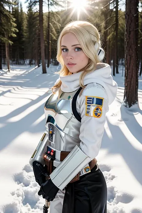 blonde girl, star wars cosplay, forest, snow, sun, 8K, high quality, photorealistic, realism, hyperrealism, art photography <lora:epi_noiseoffset2:0.3>