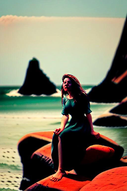 A seagull maiden in a long flowing dress long_wide_sleevers sits on a rock near a cliff and looks into the distance. Her hair is blowing in the wind, barefoot, (close_view), ((ink style))