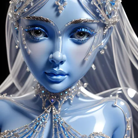 a beautiful girl statue made of Transparent blue crystal,close up face,dress