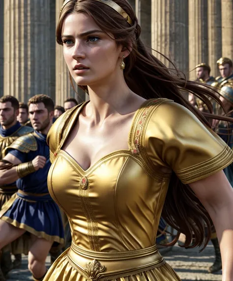 best quality, masterpiece, ultra high res, (photo realistic:1.4), 8k,beautiful europe heroine,era of roman empire,warrior,fierce battle,close up face,fearless eyes,sprint run forward,cinematic shock,dress