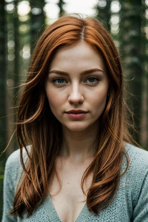 close up of a european woman, ginger hair, winter forest, natural skin texture, 24mm, 4k textures, soft cinematic light, RAW photo, photorealism, photorealistic, intricate, elegant, highly detailed, sharp focus, ((((cinematic look)))), soothing tones, insane details, intricate details, hyperdetailed, low contrast, soft cinematic light, dim colors, exposure blend, hdr, faded
