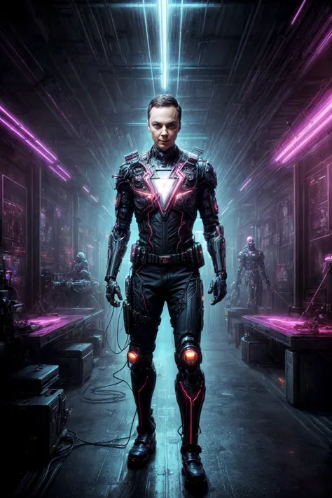 Sheldon Cooper, man, in Flash costume, (smiling), (robotic legs, robotic arms, cybernetic prosthetics:1.25), holographic, robotic details, cyberpunk environment, bright neon signs and lights, vivid colors, by jeremy mann, by sandra chevrier, by maciej kuciara, (masterpiece:1.2), (ultradetailed:1.1), ultra sharp, (realistic:1.3), (real shadows:1.2), (professional lights:1.3), cyberpunk reimagined, PunkAI, <lora:add_detail:0.9>, <lora:CyberpunkStyleV3:0.45>