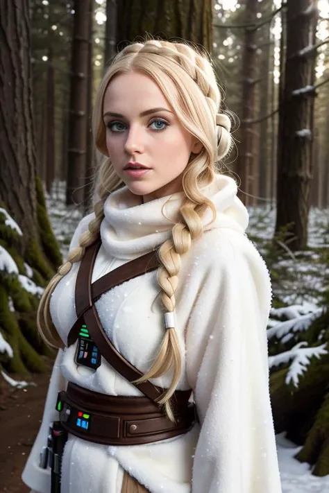 blonde girl, star wars cosplay, forest, snow, sun, 8K, high quality, photorealistic, realism, hyperrealism, art photography <lora:epi_noiseoffset2:0.3>