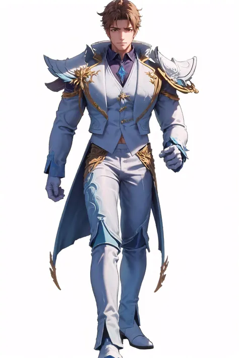 masterpiece, best quality, 1boy, male focus, muscular, white suit, abs, gold decoration, brown hair, brown eyes, white shirt, white boots, [white shoulder armor]