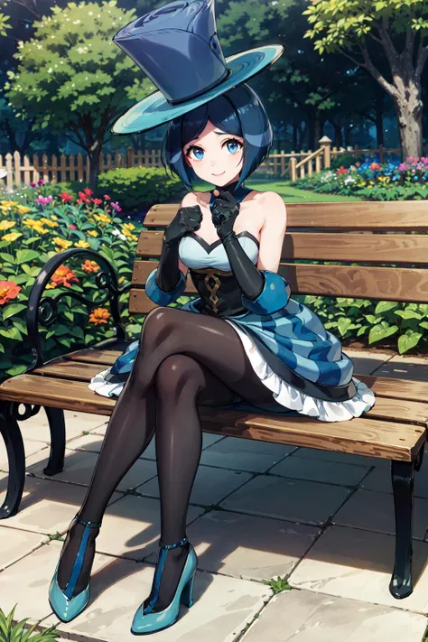 masterpiece,best quality,highres,ultra-detailed,aaevelyn,eyelashes,blue eyes,blue hair,short hair,middle part,top hat,dress,black gloves,elbow gloves,black pantyhose,high heels,<lora:evelyn_(pokemon):0.7>,outdoors,bench,sitting,garden,smile,
