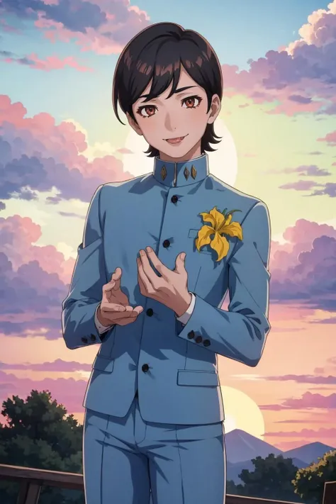 masterpiece, best quality, solo, 1boy, smile, looking at viewer, <lora:Jun_Fp:1>, junp2, school uniform, gakuran, pants, flower, <lora:FE-ENGAGE S Rank_Fp:1>, sunset, sky, clouds, :p,