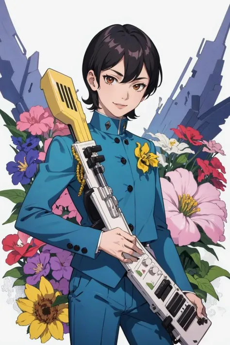 masterpiece, best quality, solo, 1boy, smile, looking at viewer, <lora:Jun_Fp:1>, junp2, school uniform, gakuran, pants, flower, playing instrument, keytar,