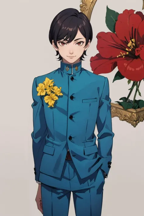 masterpiece, best quality, solo, 1boy, male focus, smile, looking at viewer, <lora:Jun_Fp:1>, junp2, school uniform, gakuran, pants, flower