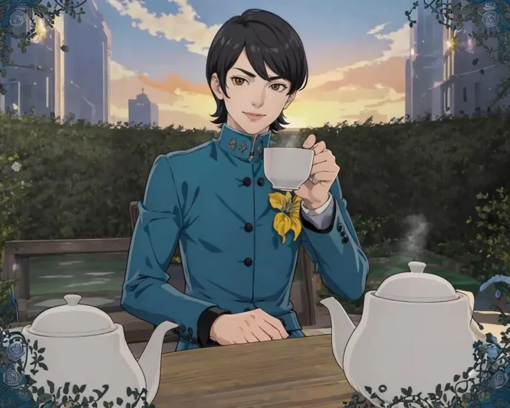 masterpiece, best quality, solo, 1boy,  smile, looking at viewer,  <lora:Jun_Fp:1>, junp2, school uniform, gakuran, pants, flower, <lora:Teatime-concept_Fp:0.8>, cup, table, food, teapot, outdoors, sitting, sunset,