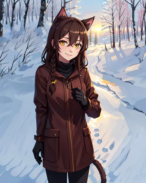 masterpiece, high quality, YVAO, 1girl, smile, animal ears, braid, brown hair, cat ears, hair between eyes, long hair, tail, yellow eyes, standing, cowboy shot, long winter coat, gloves, forest, night, outdoors, winter, snow, tree, <lora:YVAO-new-2:0.8>