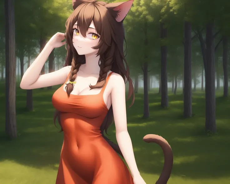 <lora:YVAO-beta:0.75> YVAO, 1girl, animal_ears, braid, brown_hair, cat_ears, hair_between_eyes, long_hair, looking at viewer, medium breasts, solo, tail, yellow_eyes, red dress, cat girl, cat ears, forest