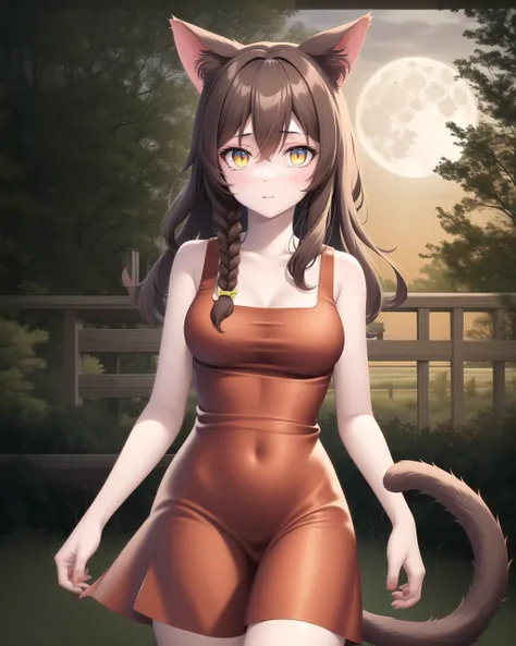 <lora:YVAO-beta:0.75> YVAO, 1girl, animal_ears, braid, brown_hair, hair_between_eyes, long_hair, looking at viewer, medium breasts, solo, cat tail, yellow_eyes, red dress, outdoors, forest, night, moon