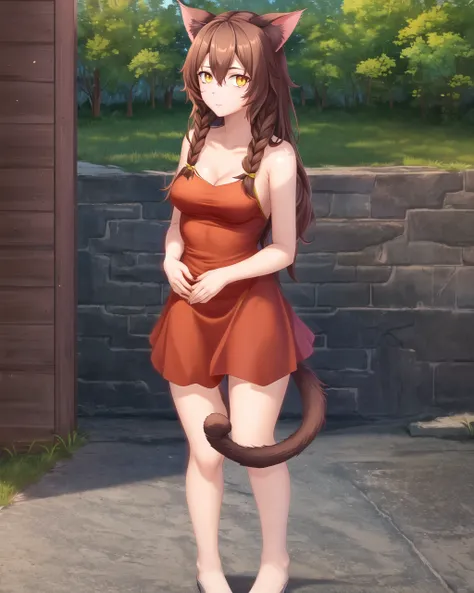 <lora:YVAO-beta:0.75> YVAO, 1girl, animal_ears, braid, brown_hair, cat_ears, hair_between_eyes, long_hair, looking at viewer, medium breasts, solo, tail, yellow_eyes, red dress, cat girl, cat ears, outdoors, full body