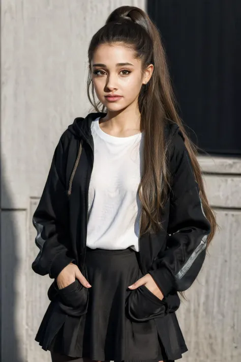 realistic, realism, photorealism, photo-realistic, high contrast, (photorealistic:0.4), 8k high definition detailed realistic, (best quality, masterpiece:0.2), NSFW, photon mapping, radiosity, physically-based rendering, best quality, highly detailed, 1girl, ((arianaa)), long hair, ponytail, makeup, lips, outside, skirt, pantyhose, hoodie, hands in the pocket, looks at the viewer,
<lora:arianaav2:0.65>