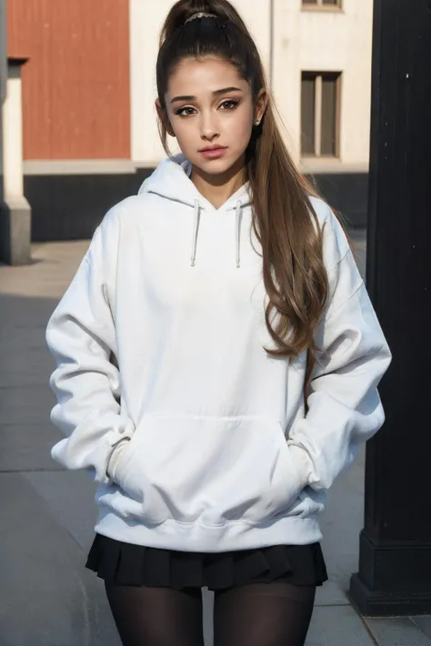 realistic, realism, photorealism, photo-realistic, high contrast, (photorealistic:0.4), 8k high definition detailed realistic, (best quality, masterpiece:0.2), NSFW,  photon mapping, radiosity, physically-based rendering, best quality, highly detailed, 1girl, ((arianaa)), long hair, ponytail, makeup, lips, outside, skirt, pantyhose, hoodie, hands in the pocket, looks at the viewer,