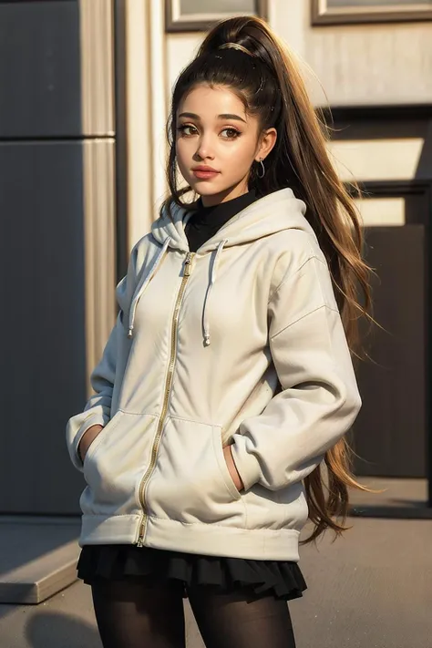 realistic, realism, photorealism, photo-realistic, high contrast, (photorealistic:0.4), 8k high definition detailed realistic, (best quality, masterpiece:0.2), NSFW, photon mapping, radiosity, physically-based rendering, best quality, highly detailed, 1girl, ((arianaa)), long hair, ponytail, makeup, lips, outside, skirt, pantyhose, hoodie, hands in the pocket, looks at the viewer,