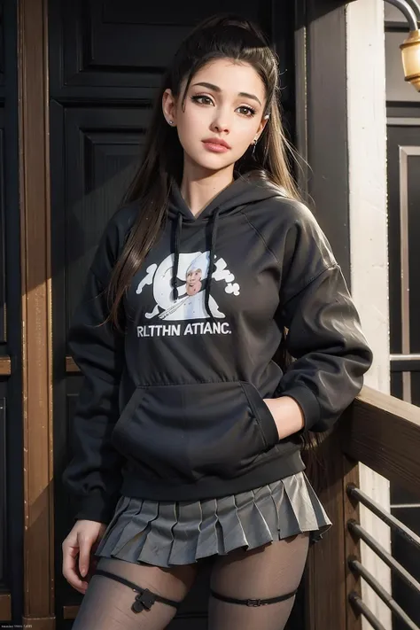 realistic, realism, photorealism, photo-realistic, high contrast, (photorealistic:0.4), 8k high definition detailed realistic, (best quality, masterpiece:0.2), NSFW, photon mapping, radiosity, physically-based rendering, best quality, highly detailed, 1girl, ((arianaa)), long hair, ponytail, makeup, lips, outside, skirt, pantyhose, hoodie, hands in the pocket, looks at the viewer,