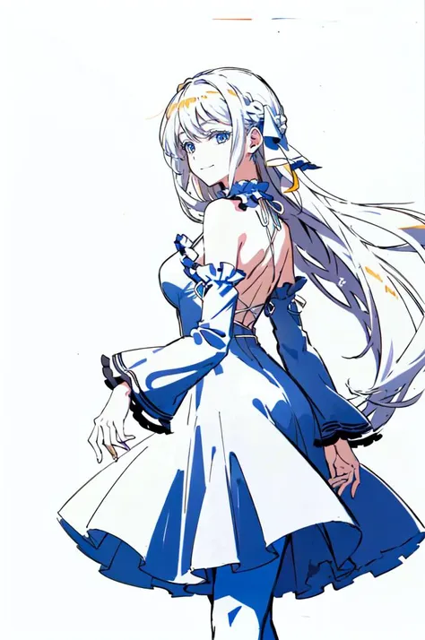 <lora:OriginalAnimeStyle9:0.75> (white background:1.2),simple background,monochrome,, ultra detailed, masterpiece, best quality, aesthetic, detailed,, solo, soft smile, light smile,
1girl, blue eyes, very long hair, blonde hair, long blonde hair, french braid, bangs, medium breasts,, hair ribbon, frilled choker, criss-cross halter, sleeveless dress, high-waist skirt, backless dress, waist bow, detached sleeves, frilled sleeves, wide sleeves, pantyhose, patterned legwear, mary janes,
