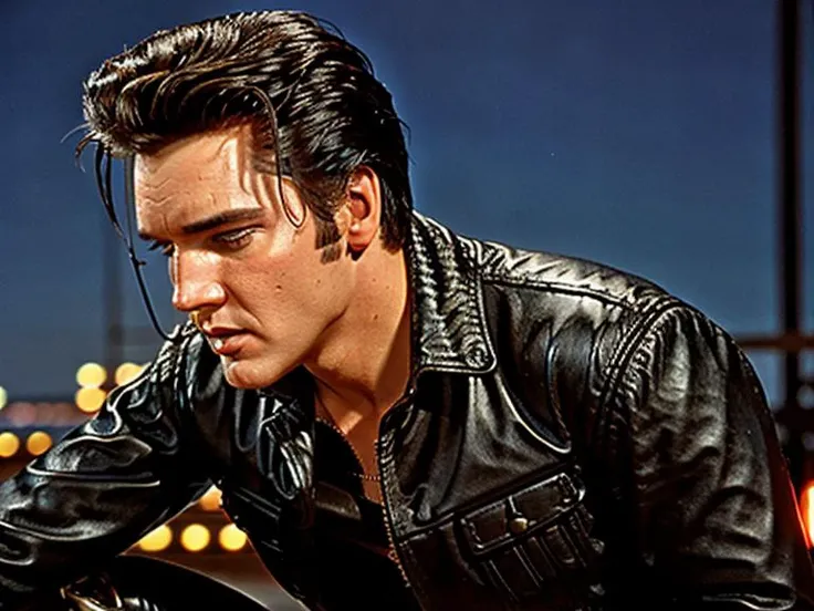 eptheking fullbody photo of elvis presley wearing leather jacket and leather pants, still from (terminator 2 movie:1.2), cinematic lighting, high quality, high resolution, intricate details, very sharp, detailed face, detailed skin, nice bokeh <lora:hjeptheking_v10-000002:0.85>