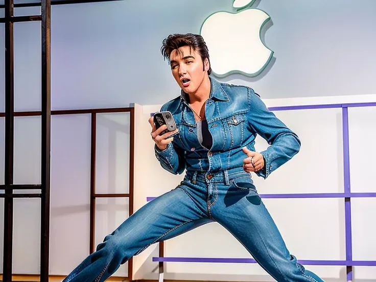 eptheking fullbody photo of elvis presley man wearing (jailhouse rock costume:1.2) stealing an iphone in the (apple store:1.2), security camera footage, high quality, high resolution, intricate details, very sharp, detailed face, detailed skin, nice bokeh <lora:hjeptheking_v10-000002:0.75>