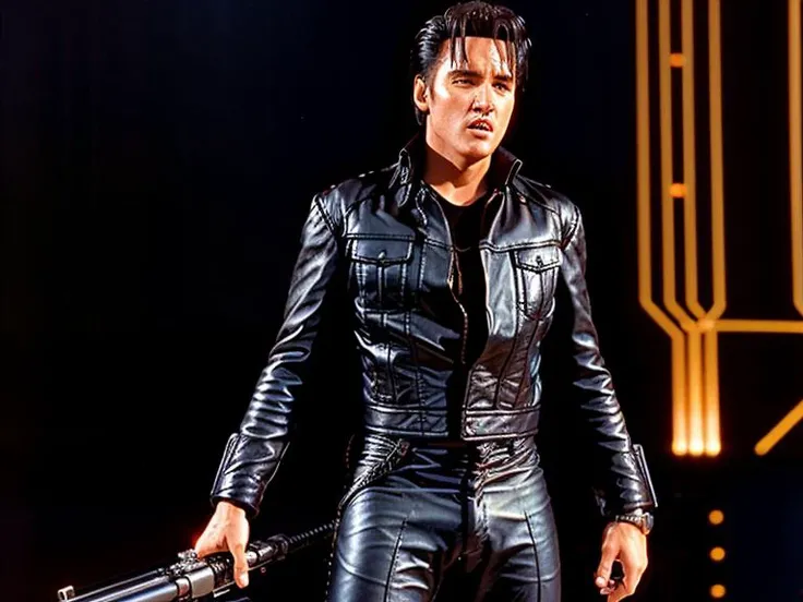 eptheking fullbody photo of elvis presley wearing leather jacket and leather pants, posing with a minigun, still from (terminator 2 movie:1.2), cinematic lighting, cyberdyne mainframe in the background, high quality, high resolution, intricate details, very sharp, detailed face, detailed skin, nice bokeh <lora:hjeptheking_v10-000002:0.75>