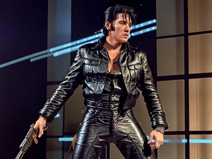 eptheking fullbody photo of elvis presley wearing leather jacket and leather pants, posing with a minigun, still from (terminator 2 movie:1.2), cinematic lighting, cyberdyne mainframe in the background, high quality, high resolution, intricate details, very sharp, detailed face, detailed skin, nice bokeh <lora:hjeptheking_v10:0.85>