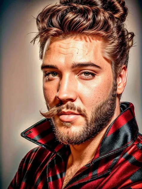 eptheking close portrait photo of elvis presley man, instagram influencer selfie, (lumberjack beard:1.1), (samurai bun haircut:1.1), professional photography, high quality, high resolution, intricate details, very sharp, detailed face, detailed skin, nice bokeh <lora:hjeptheking_v10:0.75> <lora:add_detail:1.2>