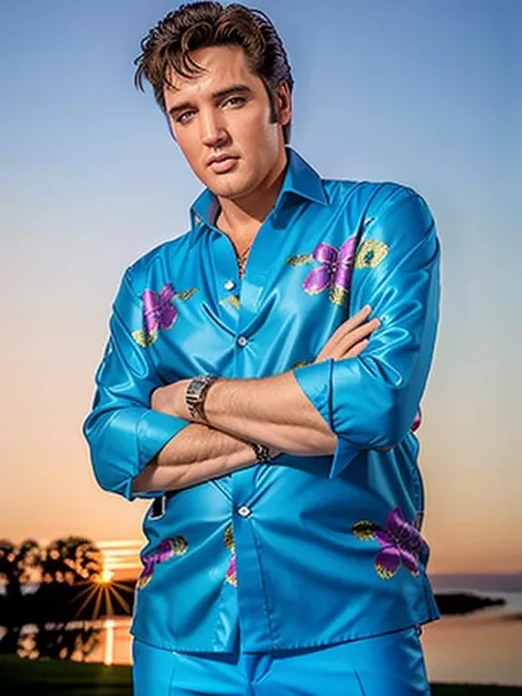 eptheking fullbody photo of elvis presley man wearing blue aloha shirt, standing with his arms crossed, sky in the background, professional photography, digital photography, high quality, high resolution, intricate details, very sharp, detailed face, detailed skin, nice bokeh <lora:hjeptheking_v10-000002:0.75>