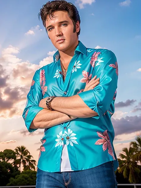 eptheking fullbody photo of elvis presley man wearing blue aloha shirt, standing with his arms crossed, sky in the background, professional photography, digital photography, high quality, high resolution, intricate details, very sharp, detailed face, detailed skin, nice bokeh <lora:hjeptheking_v10:0.75>