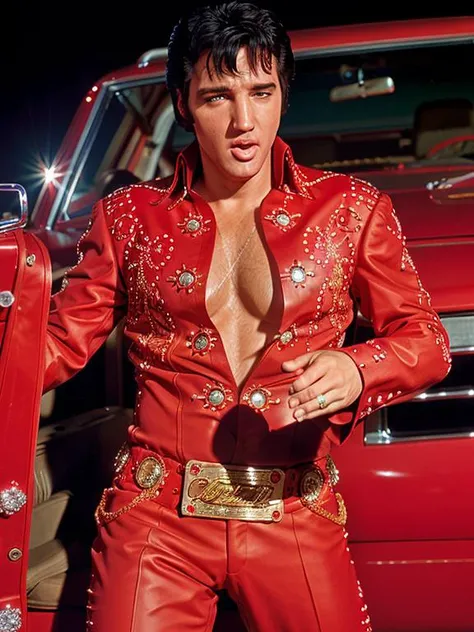 eptheking fullbody photo of elvis presley man wearing red burning love costume dancing in front of pink cadillac car, professional photography, sigma art 24-70 lens, f5.6, portra 800 film, analog photography, high quality, high resolution, intricate details, very sharp, detailed face, detailed skin, nice bokeh <lora:hjeptheking_v10:0.85>