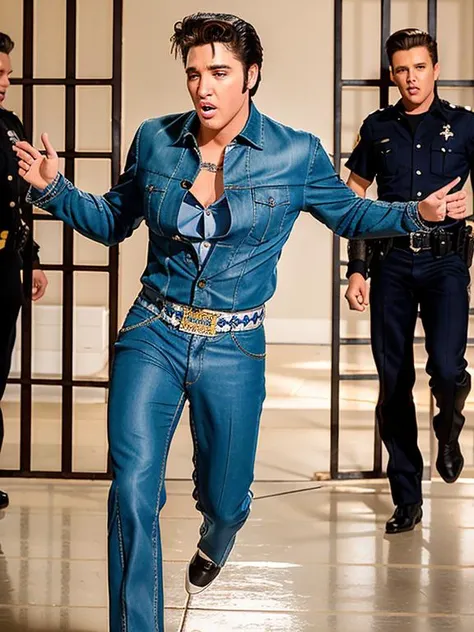 eptheking fullbody photo of elvis presley man wearing jailhouse rock costume running fast from the police, (police officers in the background:1.2), professional photography, digital photography, high quality, high resolution, intricate details, very sharp, detailed face, detailed skin, nice bokeh <lora:hjeptheking_v10:0.75>