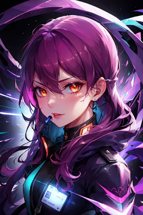 1girl, evelynn \(league of legends\), purple hair, yellow eyes, hair between eyes, purple hair, <lyco:kda-v1-lycoris-16dim-10ep-naivae:0.7> , portrait, looking at viewer, solo, upper body, detailed background, detailed face, (<lora:Neonpunkai-8:0.4>, Neonpunkai, neon theme:1.1) evil high-tech futuristic hacker, advanced technology, techwear, keycard, cables, head-up display, blue (holographic display:1.05), access granted, numbers, cybersecurity, control panel in background, orange lights, espionage, dark sinister atmosphere, shadows,,, ((masterpiece)), (best quality), 8k, ultra-detailed, absurdress