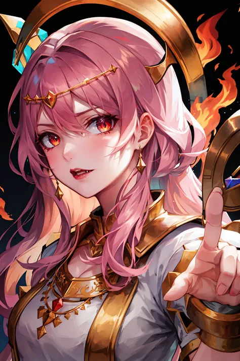 1girl, akali, pink hair, <lyco:kda-v1-lycoris-16dim-10ep-naivae:0.7> , portrait, looking at viewer, solo, half shot, detailed background, close up, shining (<lora:VampiricTech:0.6>, vamptech theme:1.1), divine deity of war, stoic expression, simple iron circlet, fiery eyes, flames in background, <lora:Fire_VFX:0.2> armor, majestic divine atmosphere, bright light, holy aura, bloom, halo above head, divine light, white clothes, golden embroidery,filigree, blessing, dynamic pose, ,, ((masterpiece)), (best quality), 8k, ultra-detailed, absurdress