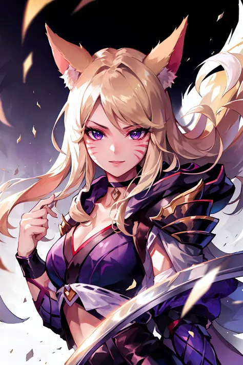 1girl, ahri \(league of legends\), fox girl, fox ears, fox tail, blonde hair, choker, facial mark, whisker markings, <lyco:kda-v1-lycoris-16dim-10ep-naivae:0.7> , portrait, (bloody scars:0.7), looking down, solo, upper body, detailed background, (<lora:SamuraiPunkAIv3:0.6>, SamuraiPunkAI theme:1.1), angelic face, divine fury, mercenary, sunshine, floating scraps, fighting stance, purple plate armor, divine blessing, bright realistic lighting, marble castle, majestic atmosphere, hood, coat of arms, tabard, brazier, hair blowing in wind,,, ((masterpiece)), (best quality), 8k, ultra-detailed, absurdress