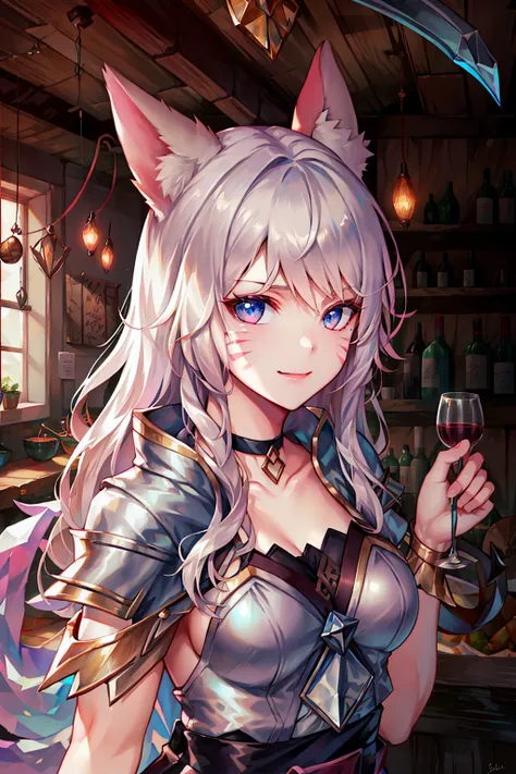 1girl, ahri \(league of legends\), fox girl, fox ears, fox tail, blonde hair, choker, facial mark, whisker markings, <lyco:kda-v1-lycoris-16dim-10ep-naivae:0.7> , portrait, solo, upper body, looking at viewer, detailed background, detailed face, (<lyco:CulturePunkBundle-000007:0.6>, vikingpunkai, norse viking theme:1.1) smirk, barkeep, simple pink clothes, rustic tavern interior in background, clutter, banners, wine rack, low light, jovial fantasy atmosphere,,, ((masterpiece)), (best quality), 8k, ultra-detailed, absurdress